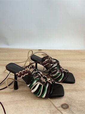 Zara Lace-Up Multicolor Strappy Heeled Square Toed Sandals Size 38
